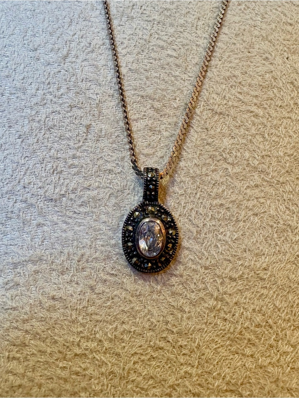Vintage Marcasite Oval Pendant Necklace with Moissanite Center Stone